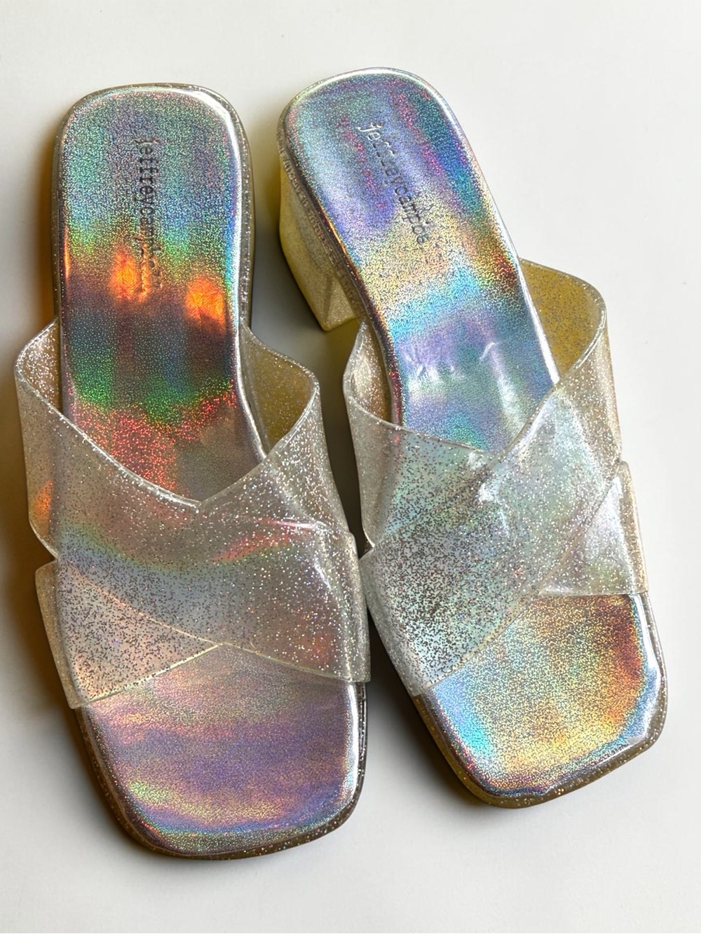 Jeffrey Campbell Holographic Glitter Jelly Heel Sandals Fairycore Disco Size 7